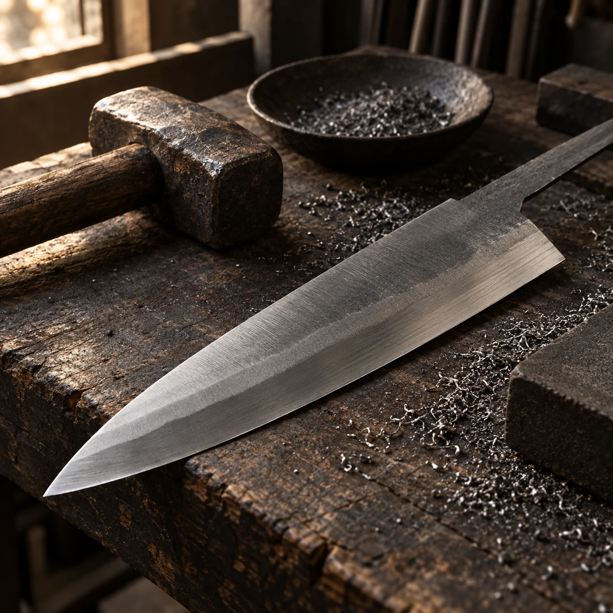 Illustration of a Japanese knife blade and tools on a workbench