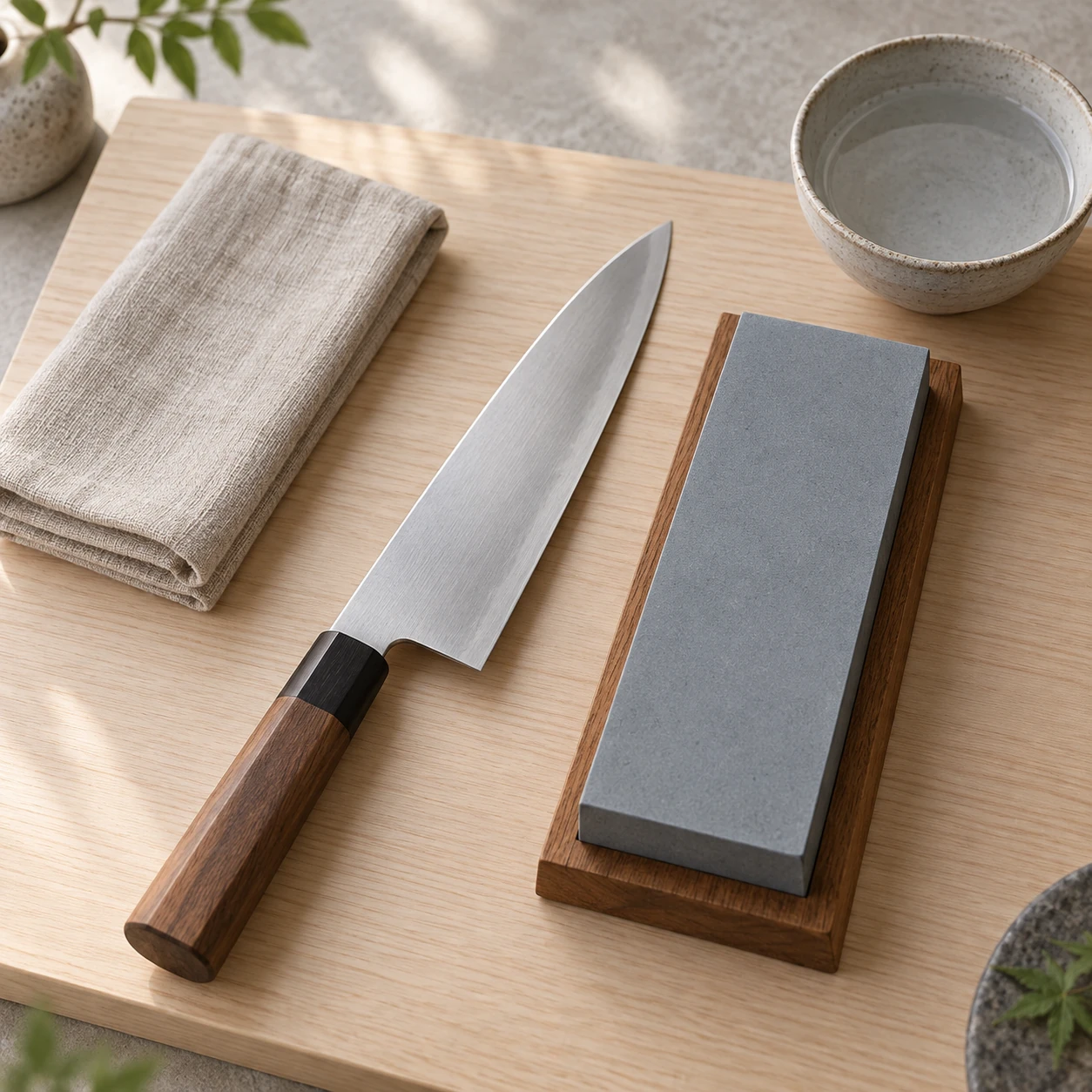 Illustrative knife care arrangement with whetstone, linen and water bowl