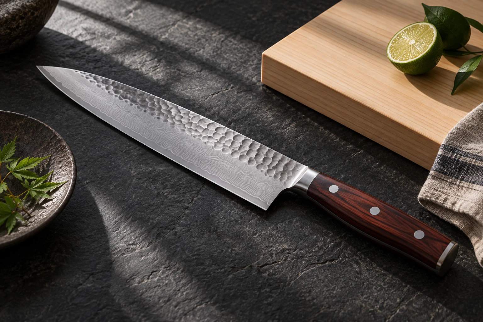 Illustrative Japanese Damascus kitchen knife on dark stone beside a cutting board
